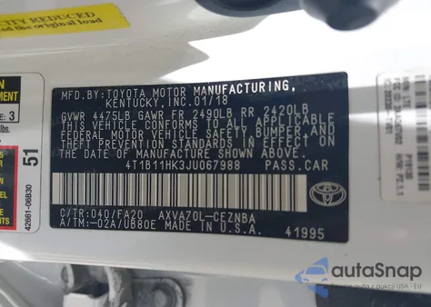 2018 Toyota Camry Le from USA, damaged, VIN 4T1B11HK3JU067988
